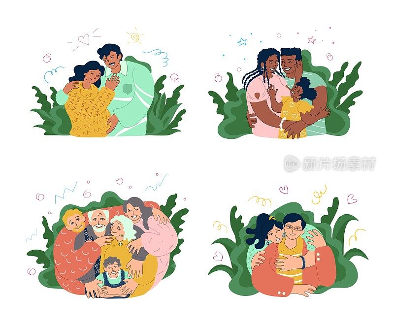 Four happy families hugging. Latin american, african american, european, caucasian, asian. Parenthood, pregnancy, couples, elderly and young people together. Doodle style vector illustration.